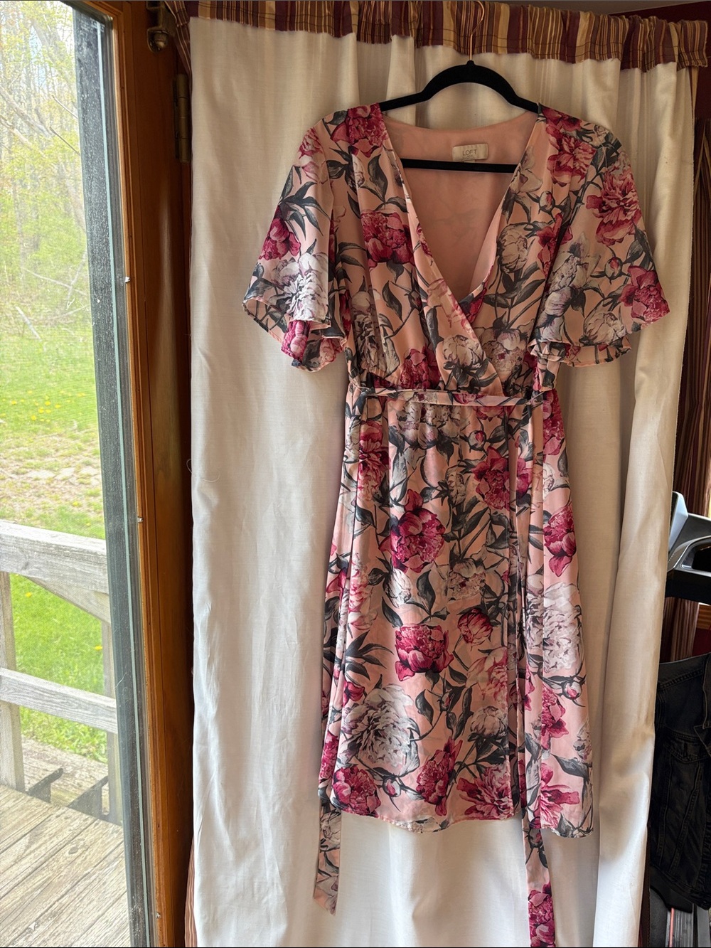 LOFT Pink Floral Wrap Midi Dress with Flutter Sleeves